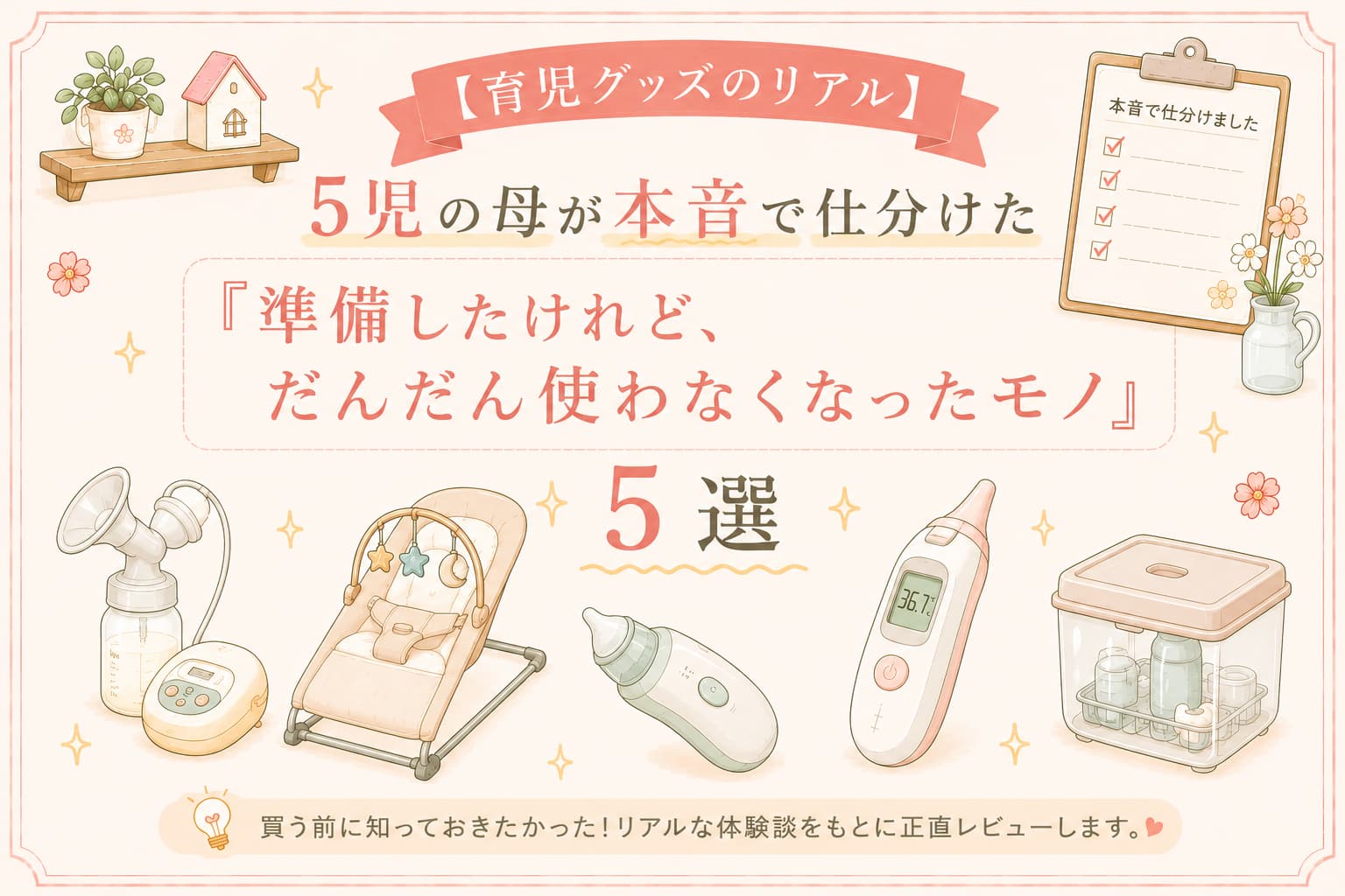 5児の母が本音で選んだ“だんだん使わなくなった育児グッズ”を紹介するパステル調のアイキャッチ画像。搾乳機、バウンサー、ハンディ鼻水吸引器、耳式体温計、レンジ除菌ケースのイラストとともに、『準備したけれど、だんだん使わなくなったモノ5選』という文字が大きく配置されている。