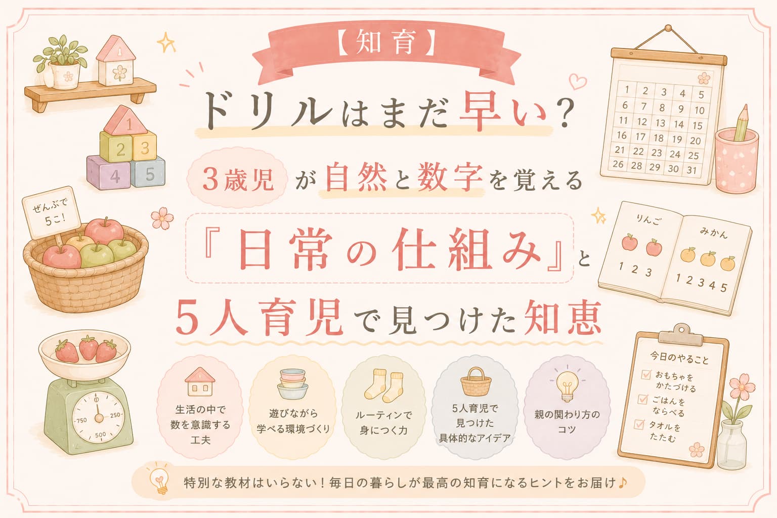 3歳児が自然と数字を覚える工夫をテーマにした、パステル調のアイキャッチ画像。数字ブロックやカレンダー、りんごの数え遊び、生活チェックリストなどのやさしいイラストとともに、『日常の仕組み』や『5人育児で見つけた知恵』という文字が大きく配置されている。
