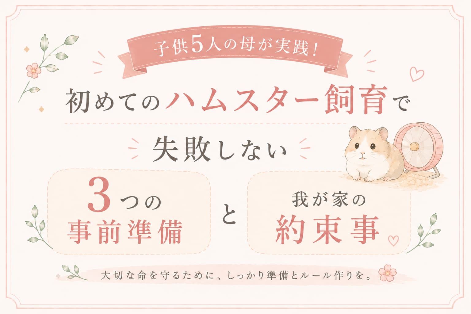 初めてのハムスター飼育についてまとめた、パステル調のシンプルなアイキャッチ画像。ハムスターと回し車のイラストを添えながら、『3つの事前準備』と『我が家の約束事』という文字が、やさしい色合いで大きく配置されている。