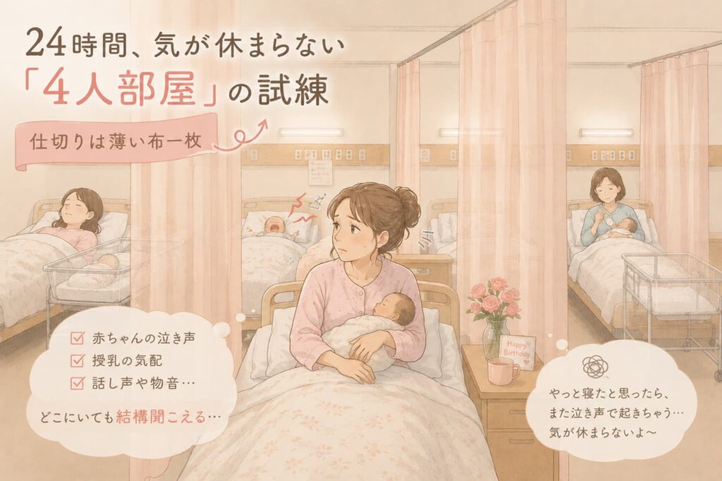 4人部屋の産院大部屋を描いたパステル調のイラスト。薄いカーテンで仕切られた病室で、赤ちゃんを抱く母親が周囲の泣き声や物音に気を遣いながら過ごしている様子が描かれている。
