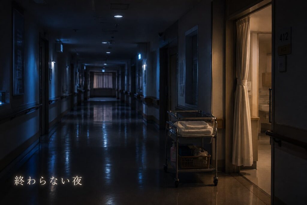 夜の総合病院の廊下を描いた静かなイメージ。暗い病棟の通路にわずかな灯りが差し込み、赤ちゃん用コットが置かれた先に『終わらない夜』という文字が浮かんでいる。