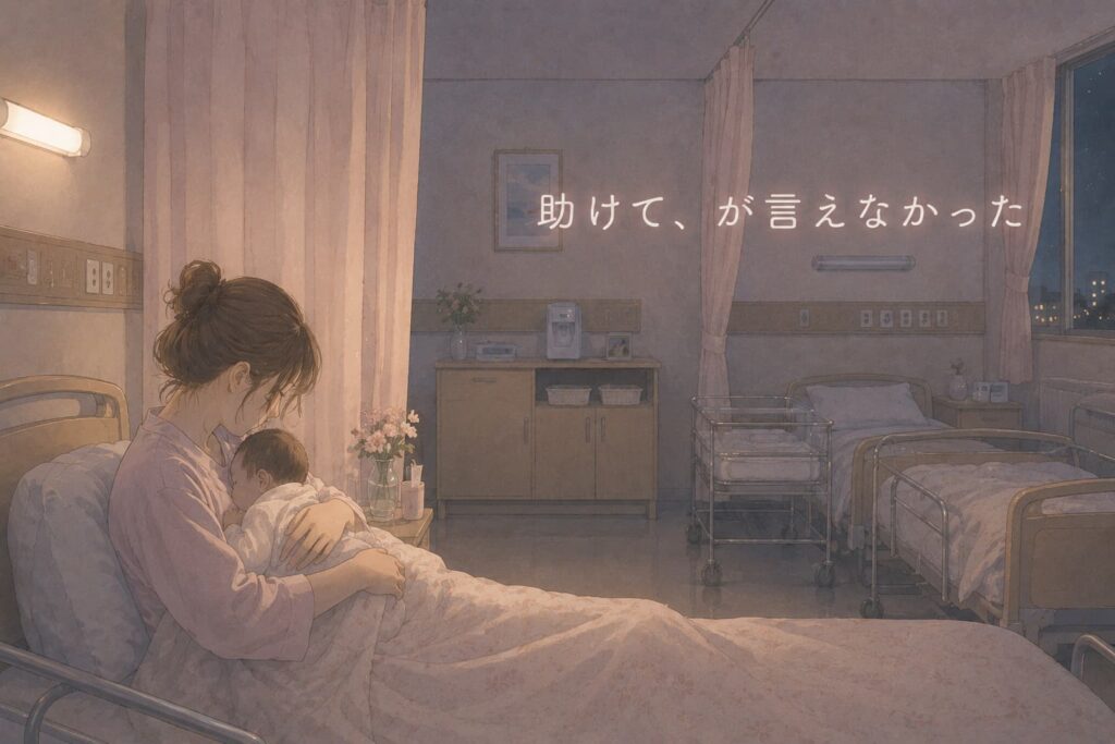 夜の産院大部屋を描いたパステル調のイラスト。赤ちゃんを抱きながらベッドに座る母親が静かにうつむき、『助けて、が言えなかった』という文字が浮かんでいる。
