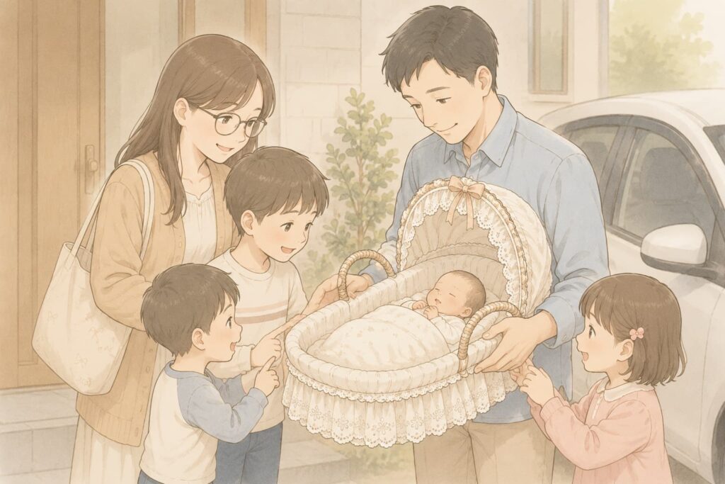 産院から帰宅した家族の思い出を描いたイラスト。ロングヘアで眼鏡のお母さんとお父さんが、レース付きのクーファンに入った赤ちゃんを囲み、兄弟姉妹が優しく見つめている温かな場面