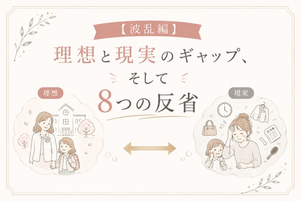 入学式当日の理想と現実のギャップをテーマにした、パステル調のインフォグラフィック。穏やかな入学式のイメージと、準備に追われて慌てる現実の様子が左右に対比され、『8つの反省』という文字が中央に配置されている。